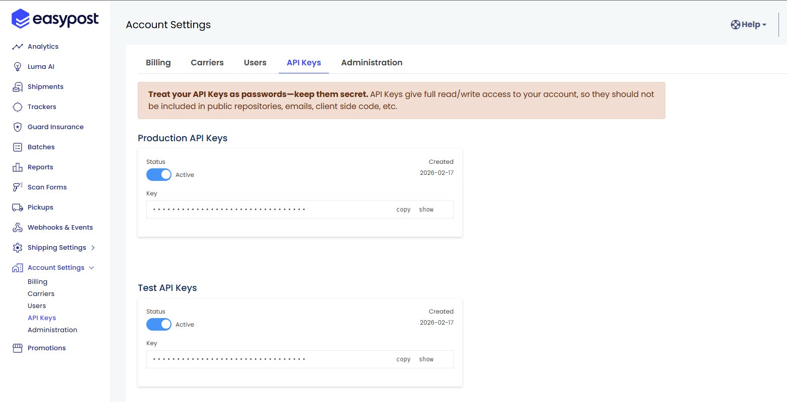 EasyPost API Keys page