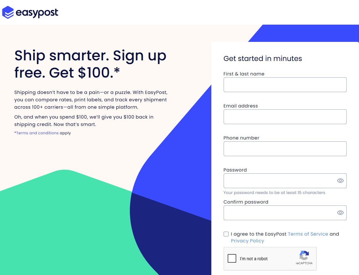 EasyPost sign up page