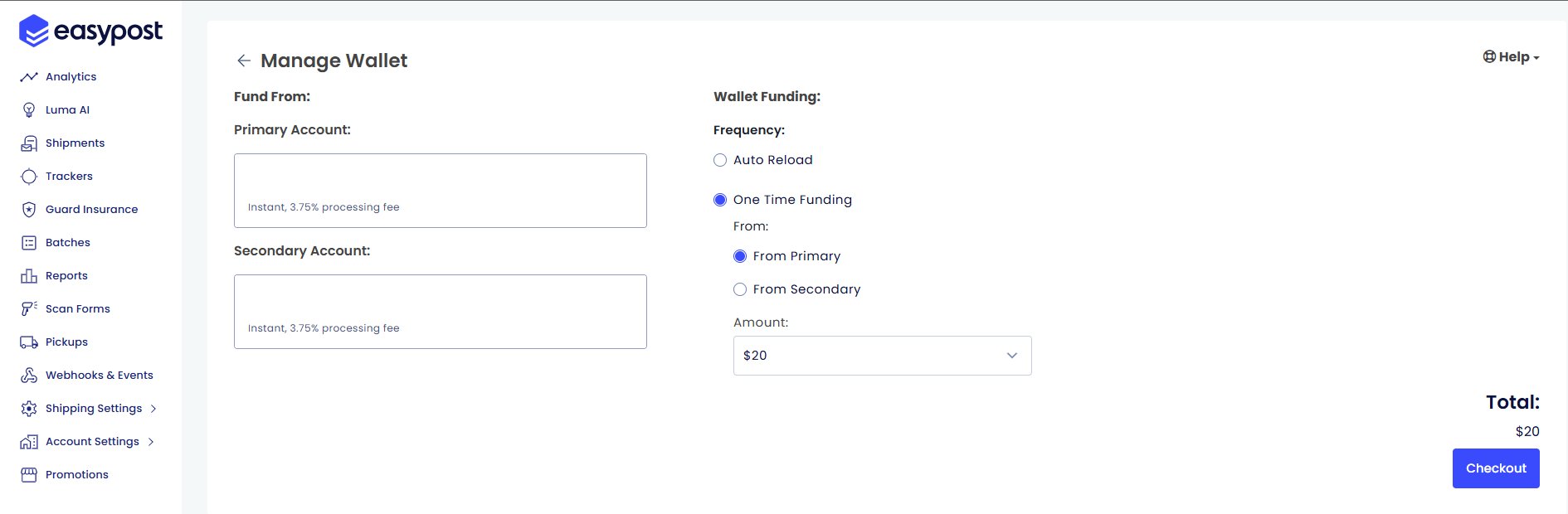 EasyPost Manage Wallet page