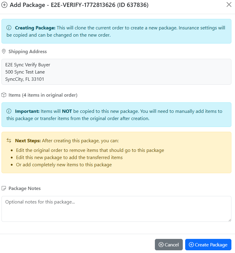 Add Package dialog showing shipping address and create package button