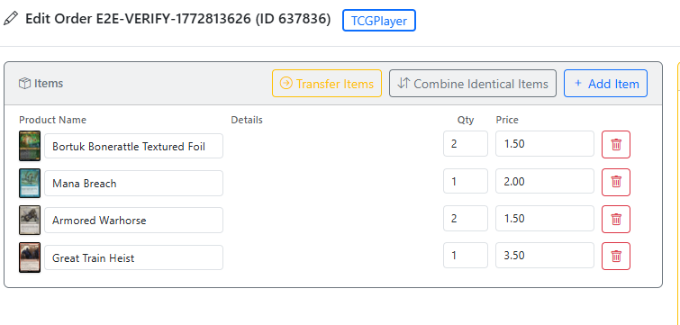 Edit Order screen showing Transfer Items button