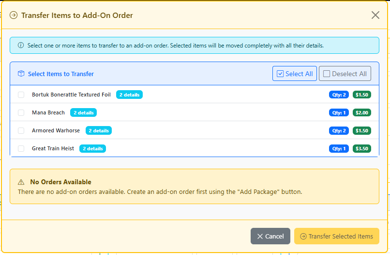Transfer Items to Add-On Order dialog with item selection