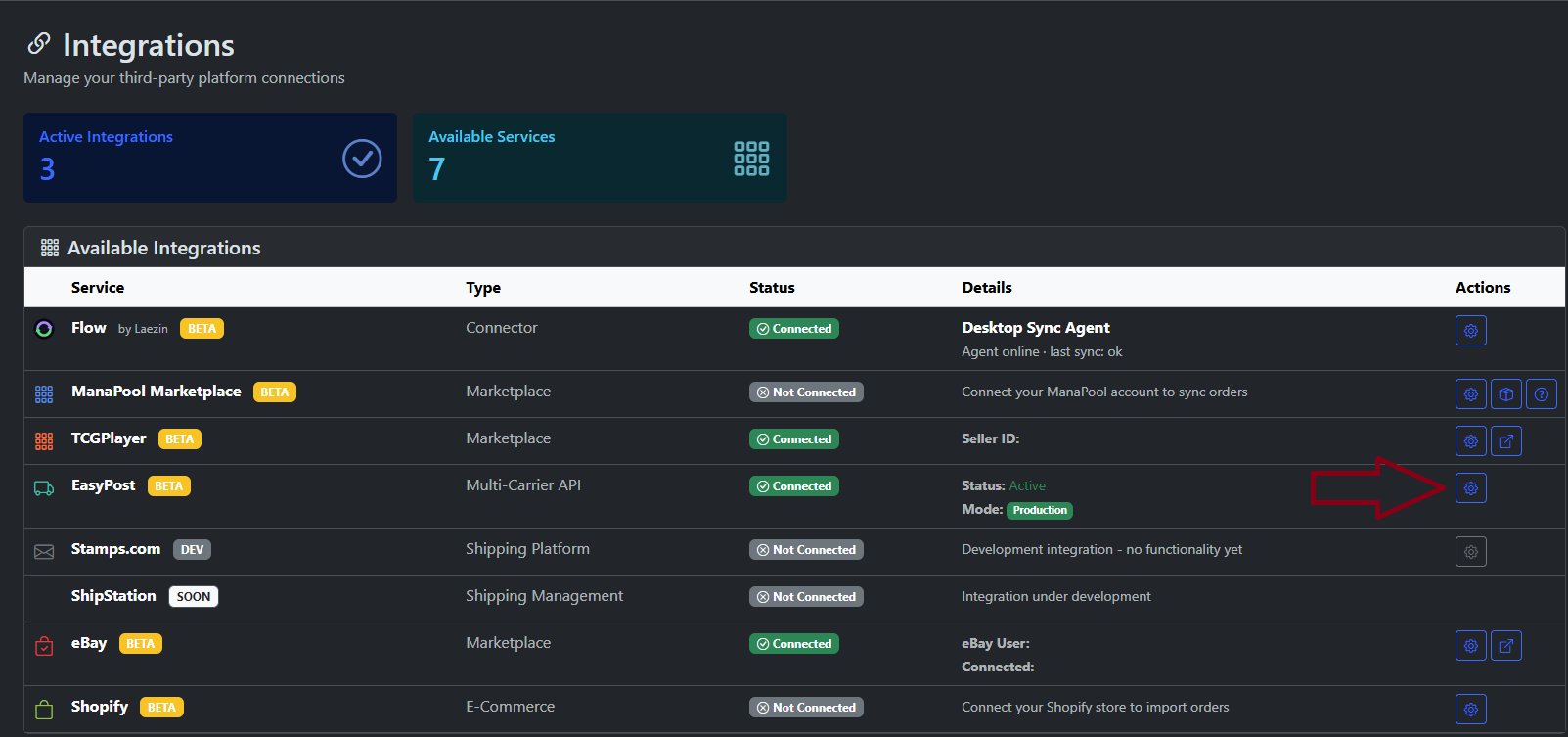 TCGTracking Integrations page