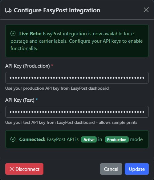 Configure EasyPost Integration dialog